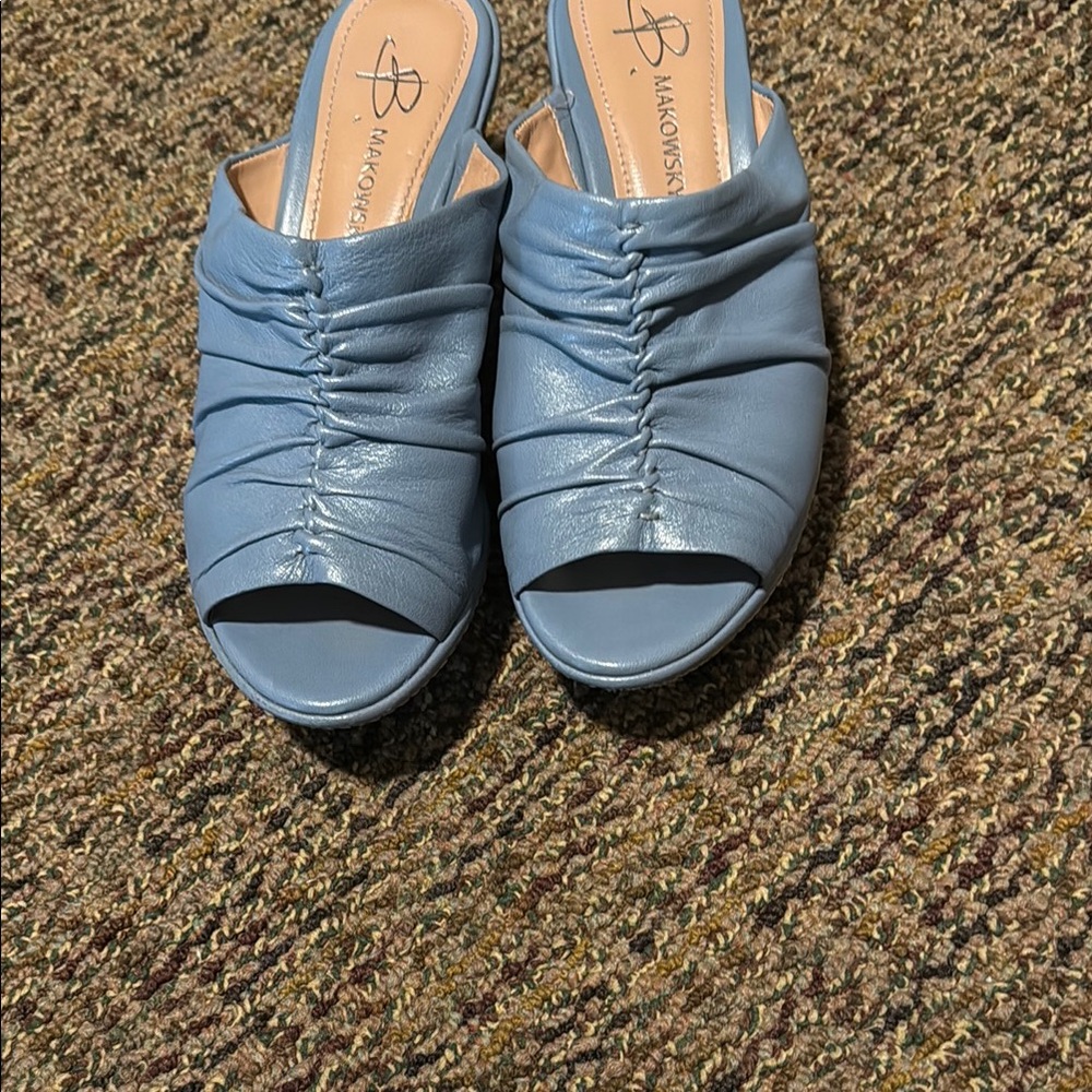 B. Makowsky Blue Mules with Ruched Detail